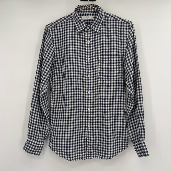 UNIQLO Gingham Check Button Down Long Sleeve Shirt 100% Linen Mens XS - Picture 1 of 8